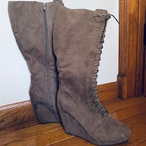 Beige/Tan Suede Lace-Up Wedge Boots